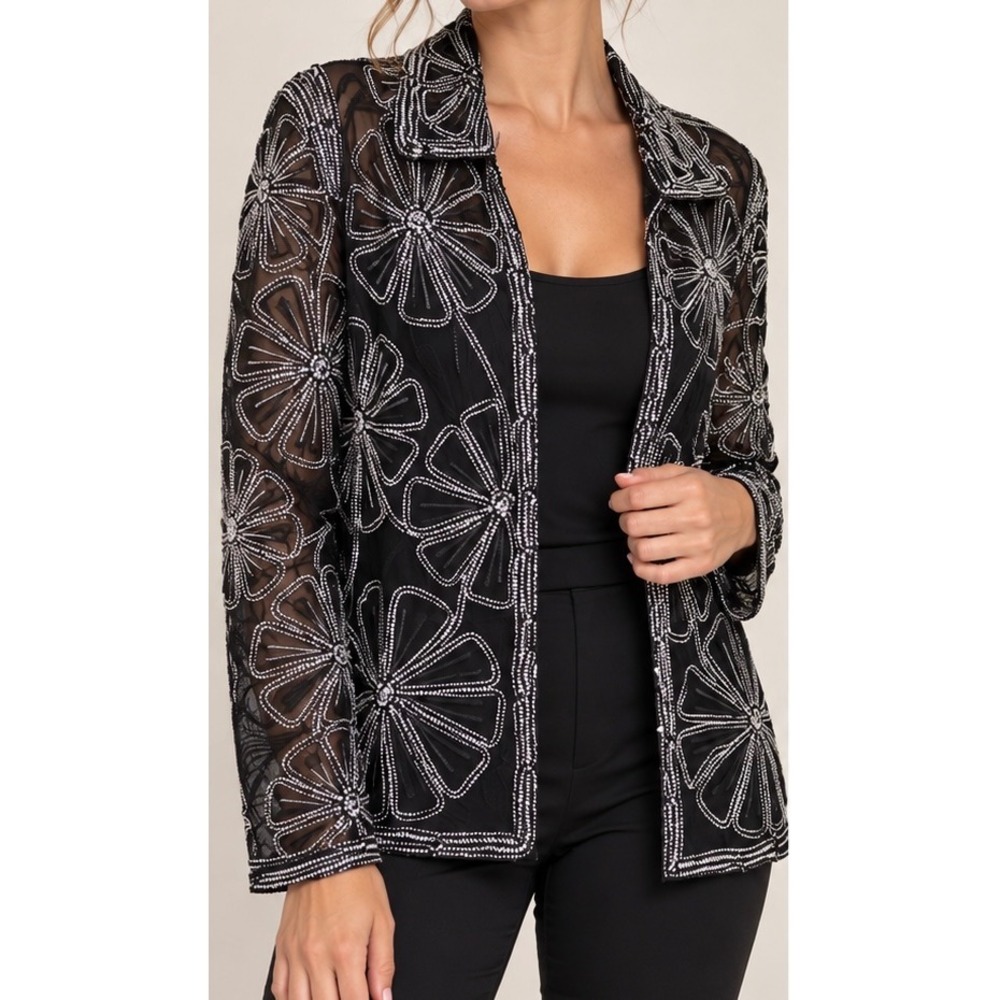 Vintage Black Mesh Floral Embroidered Jacket Womens Size O Sheer Zip Up